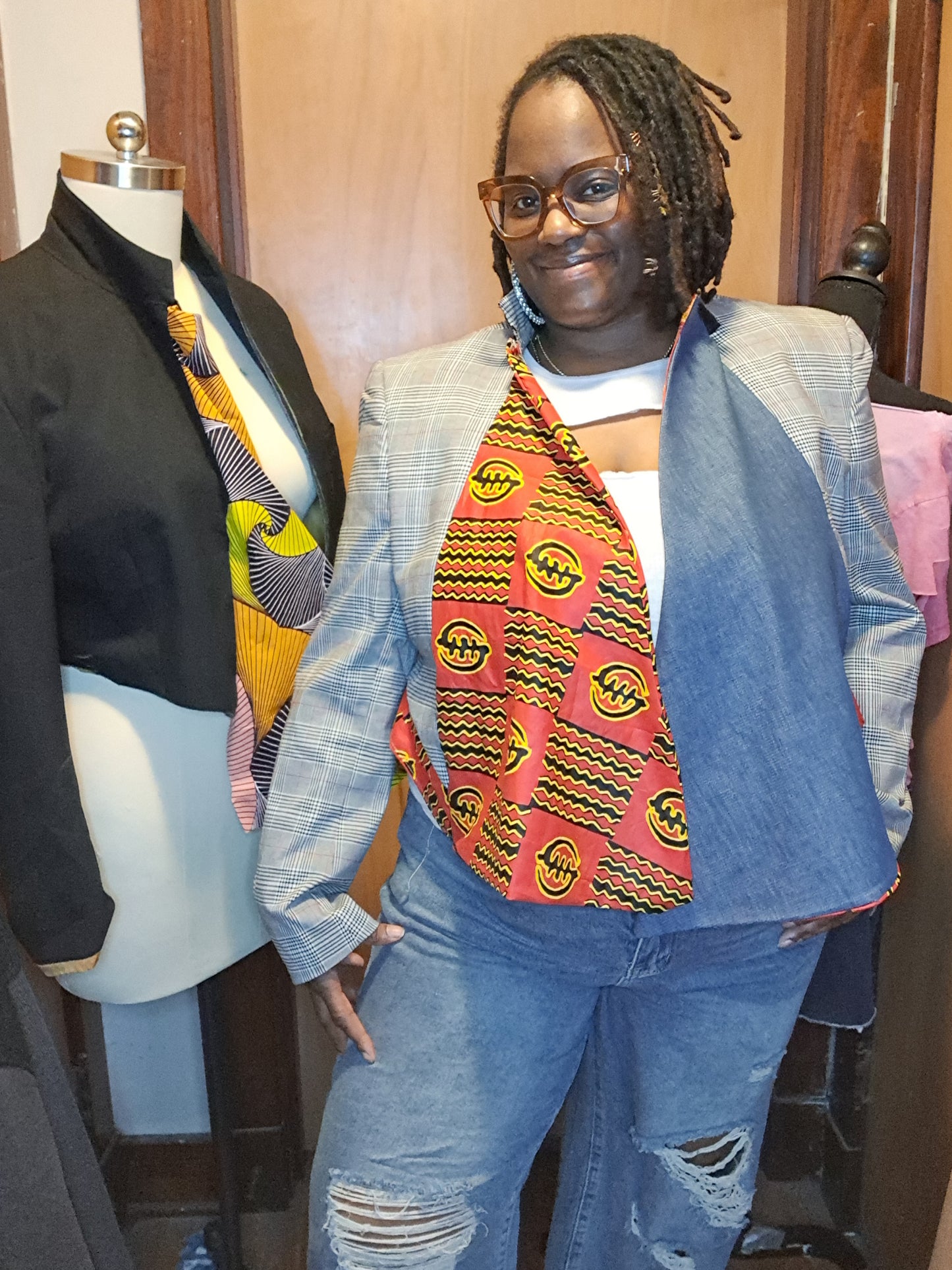 Shawl neck blazer/ red ankara/ denim